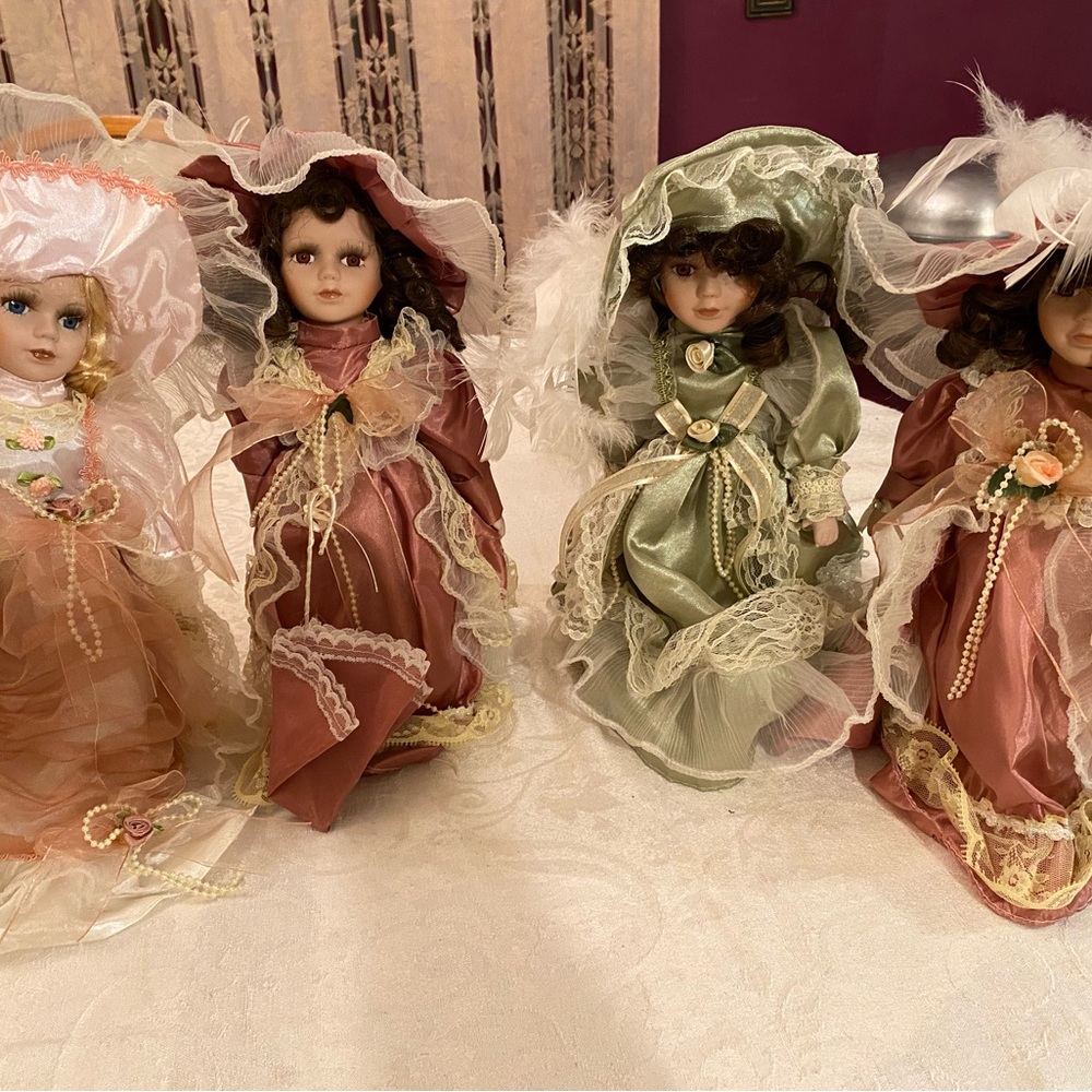 Doll Collection Vintage Porcelain 
Medium Size With Hat & Stand Dolls 12” tall